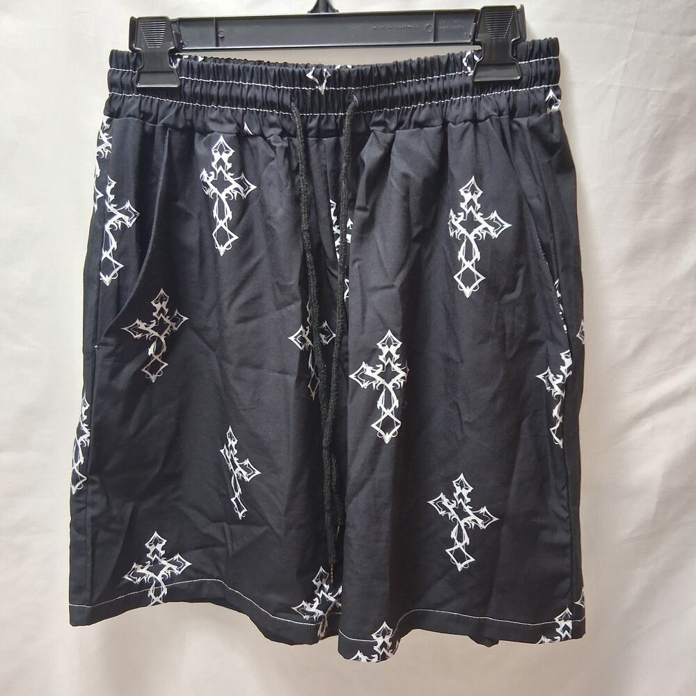 Romwe Men's Goth Cross Print Drawstring Waist Shorts Black White Size-M